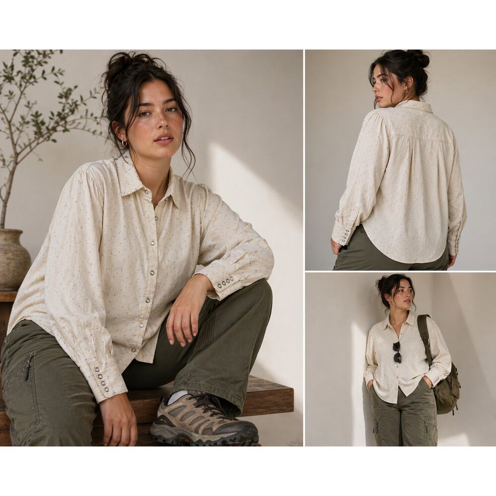 Free People We The Free Polka Dot Button Up Blouse L Boho Oversized